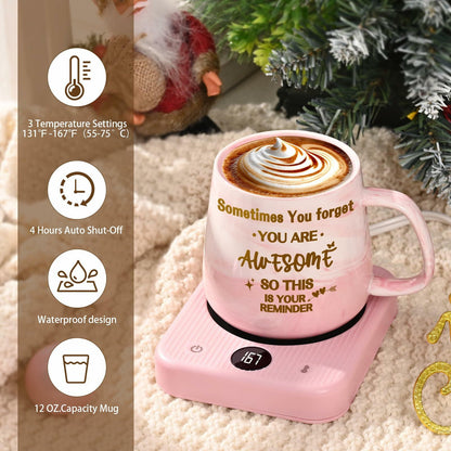 Waipfaru Coffee Mug Warmer & You Are Awesome Mug Set, 3 Temp Settings Black
