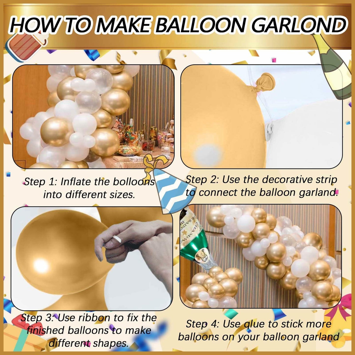 OORAMOO 176PCS Champagne Bottle Balloon Garland Arch Kit Gold Party Decor