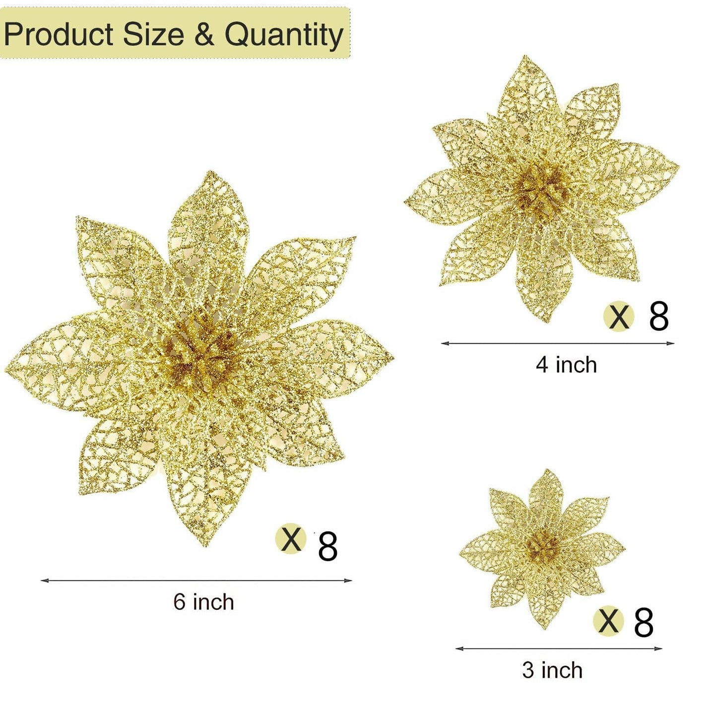 Wironlst 24pcs Gold Glitter Poinsettia Christmas Tree Ornaments 3 Sizes