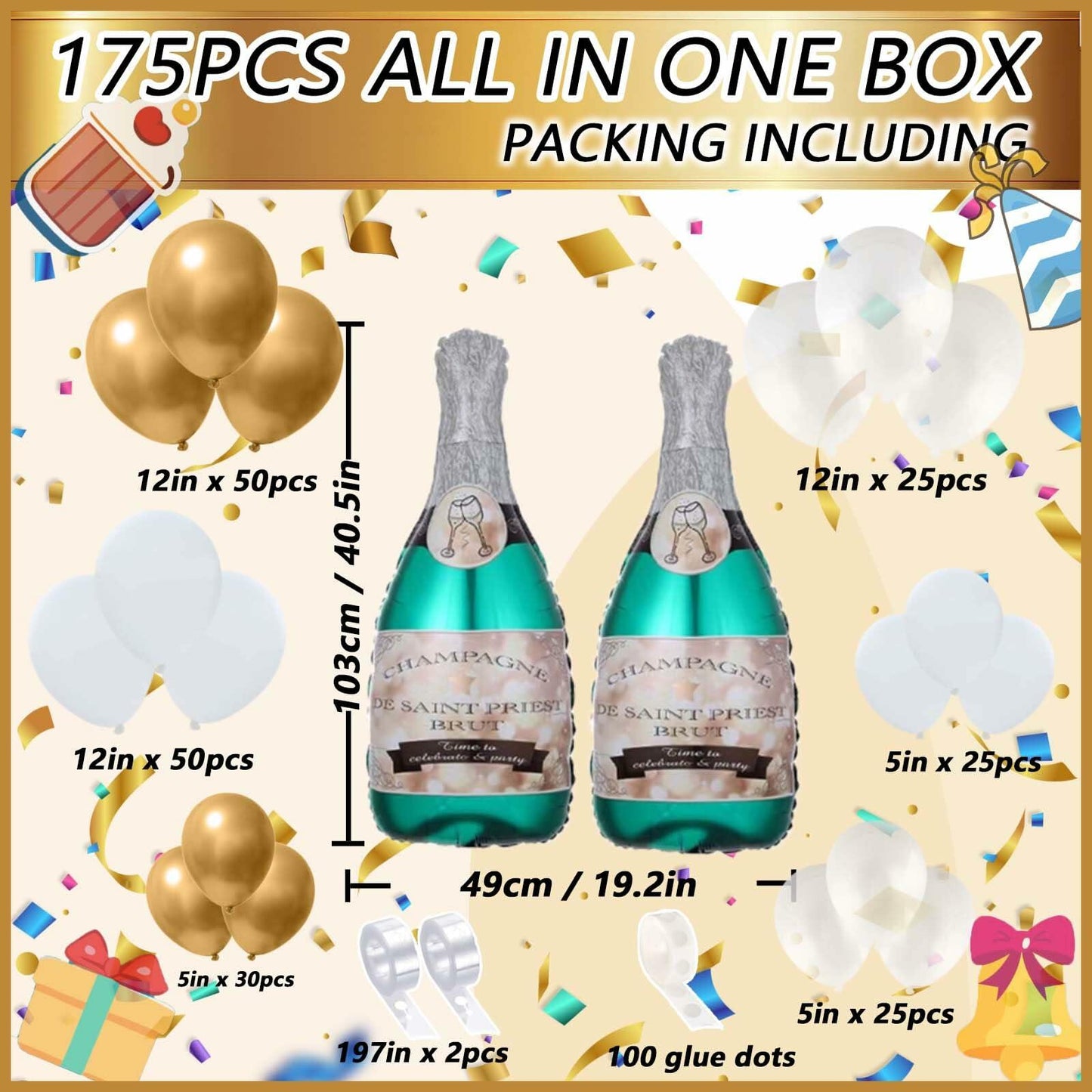 OORAMOO 176PCS Champagne Bottle Balloon Garland Arch Kit Gold Party Decor