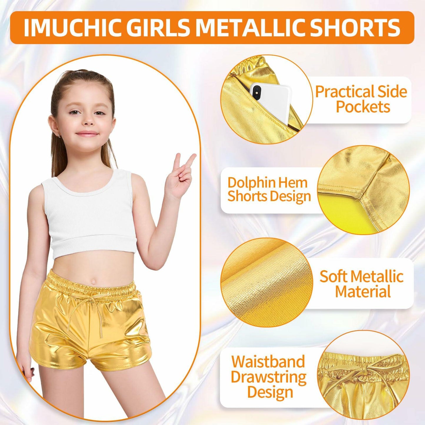 iMuchic Girls Metallic Dance Shorts Sparkly Hot Pants Gold Size Small