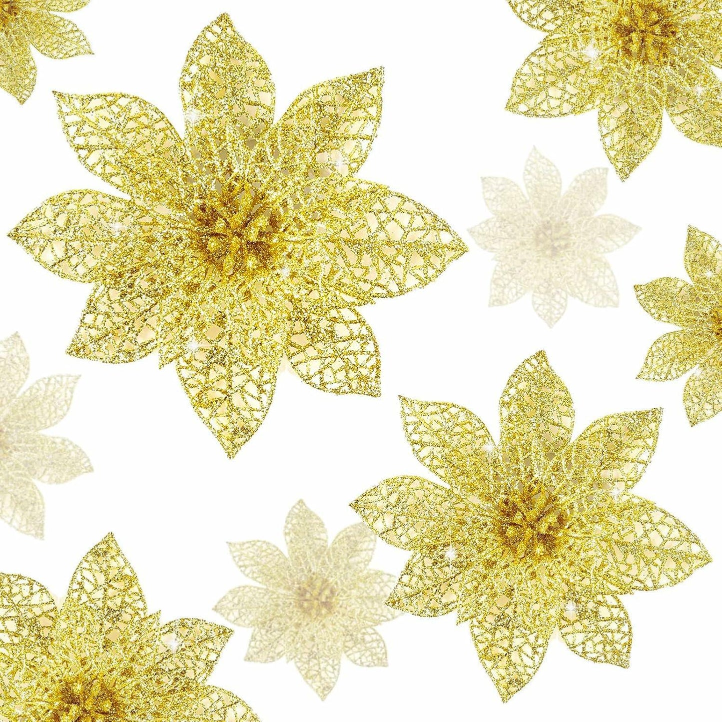 Wironlst 24pcs Gold Glitter Poinsettia Christmas Tree Ornaments 3 Sizes