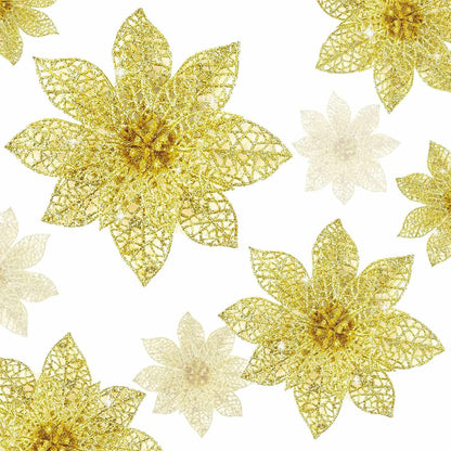 Wironlst 24pcs Gold Glitter Poinsettia Christmas Tree Ornaments 3 Sizes
