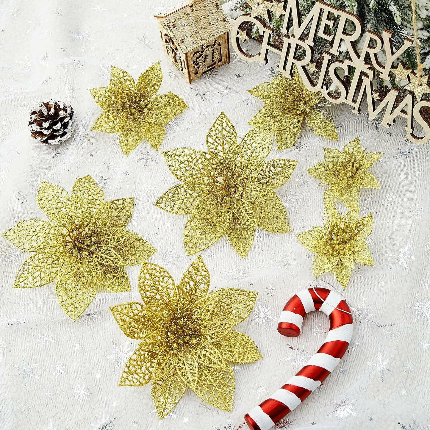 Wironlst 24pcs Gold Glitter Poinsettia Christmas Tree Ornaments 3 Sizes