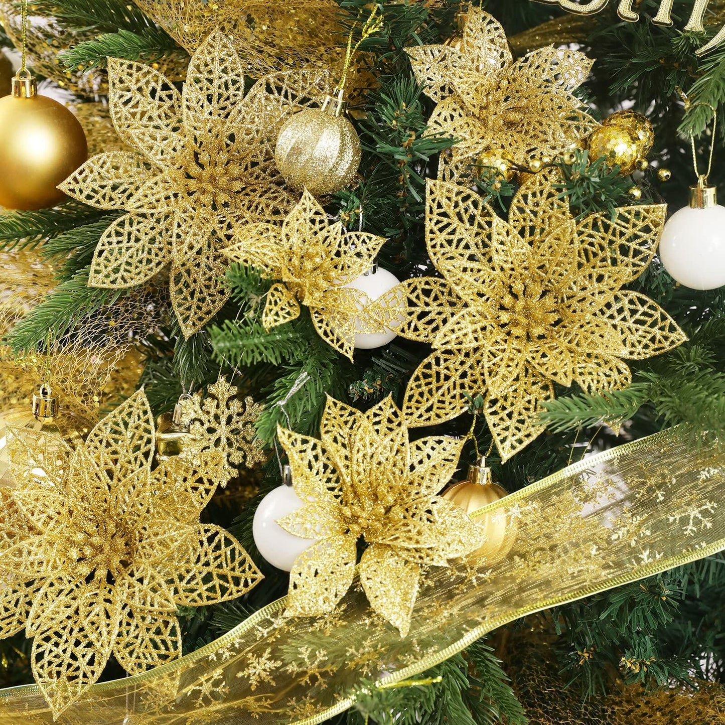 Wironlst 24pcs Gold Glitter Poinsettia Christmas Tree Ornaments 3 Sizes