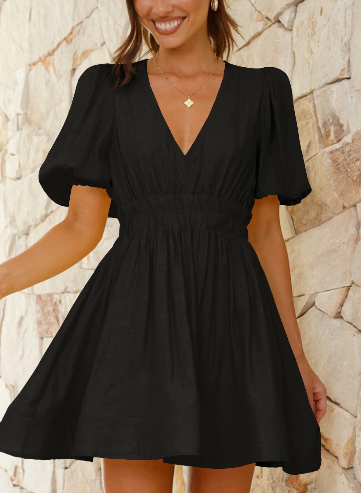 Outfeel Women Mini Dress Puff Sleeve V Neck High Waist Black Size M