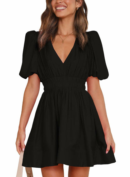 Outfeel Women Mini Dress Puff Sleeve V Neck High Waist Black Size M