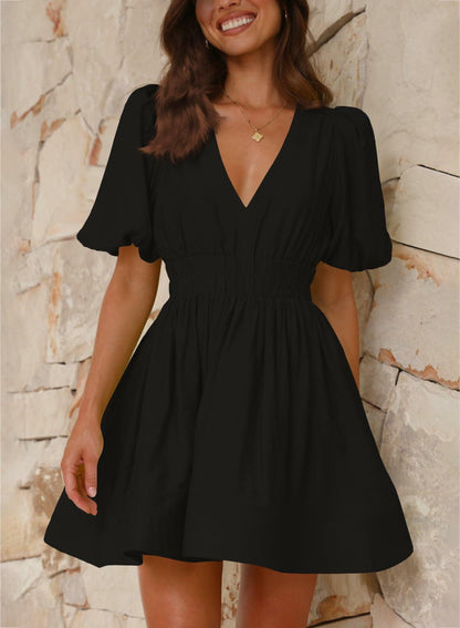 Outfeel Women Mini Dress Puff Sleeve V Neck High Waist Black Size M