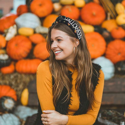 ABONDEVER Halloween Rhinestone Pumpkin Headband Black Orange Plaid