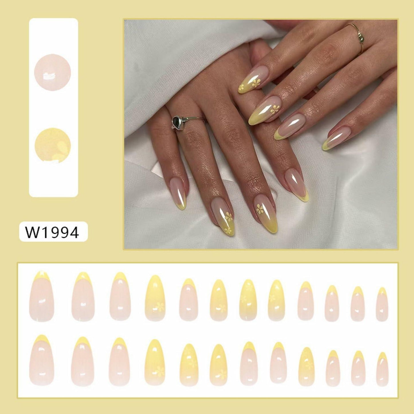 Almond Press On Nails Medium Glossy Flower French Tip Fake Nails 24pcs