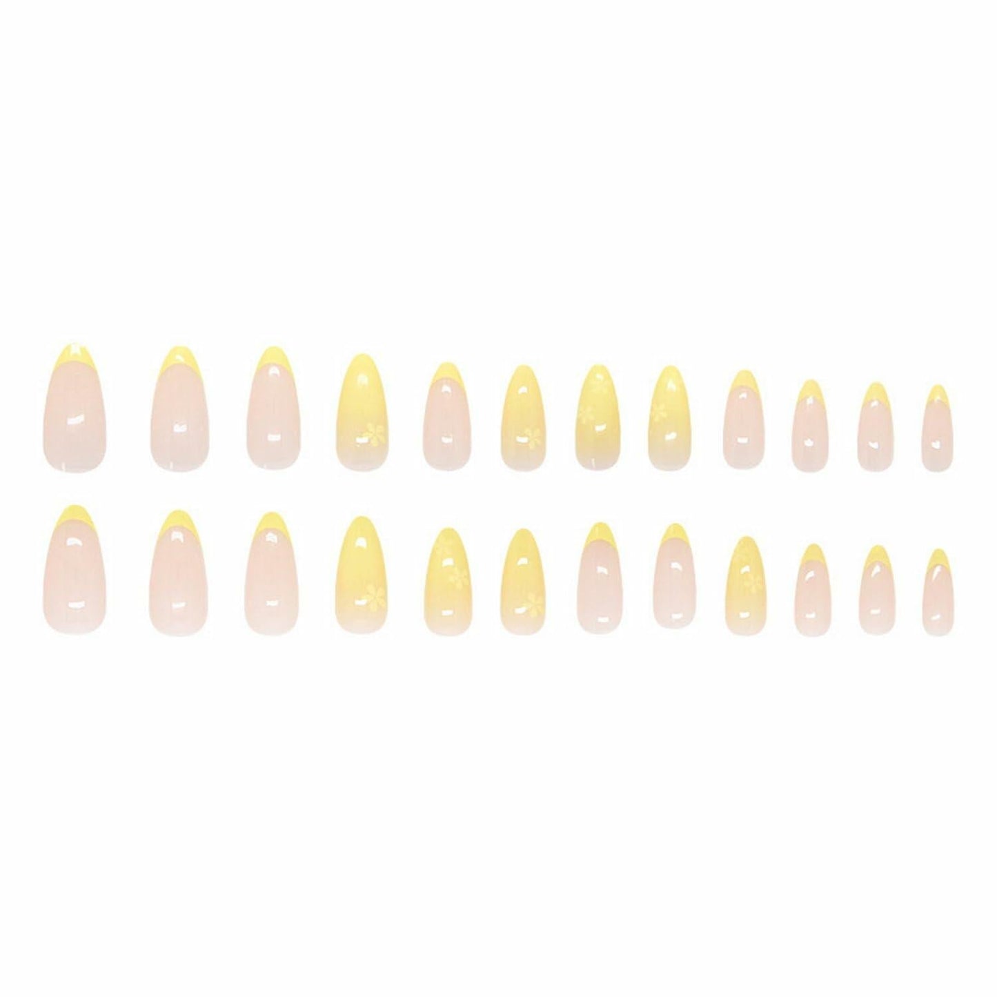 Almond Press On Nails Medium Glossy Flower French Tip Fake Nails 24pcs
