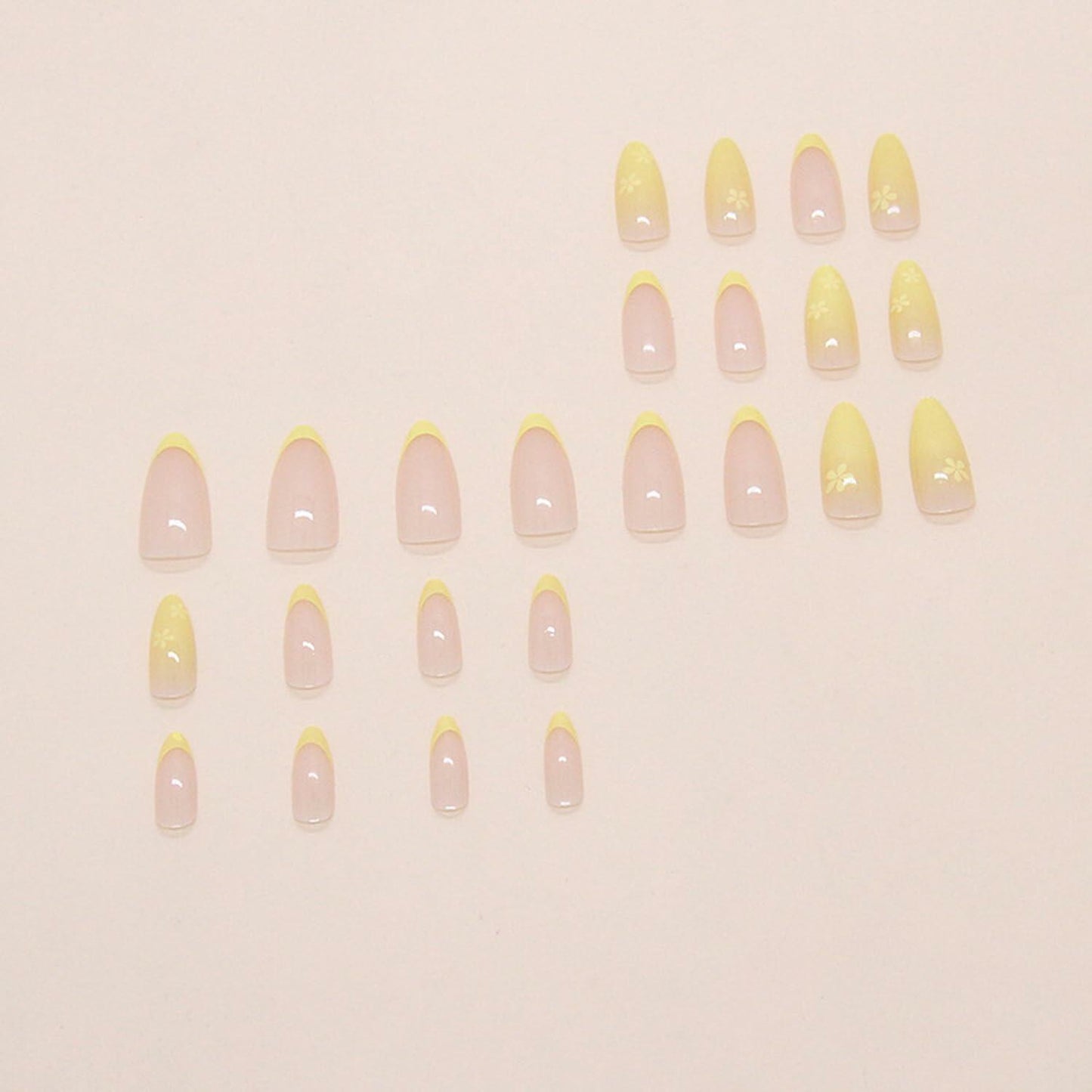 Almond Press On Nails Medium Glossy Flower French Tip Fake Nails 24pcs