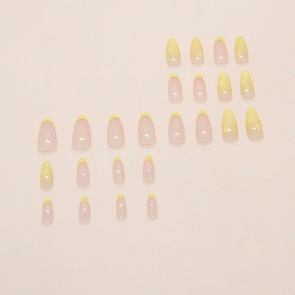 Almond Press On Nails Medium Glossy Flower French Tip Fake Nails 24pcs