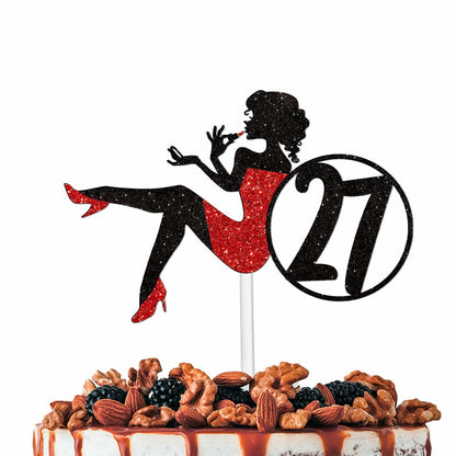 HEYUWING Red Silhouette Glitter Lipstick 33 Girl Cake Topper Picks Paper