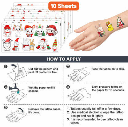 Christmas Temporary Tattoos Bunny Stickers 10 Sheets 100pcs Kids Party