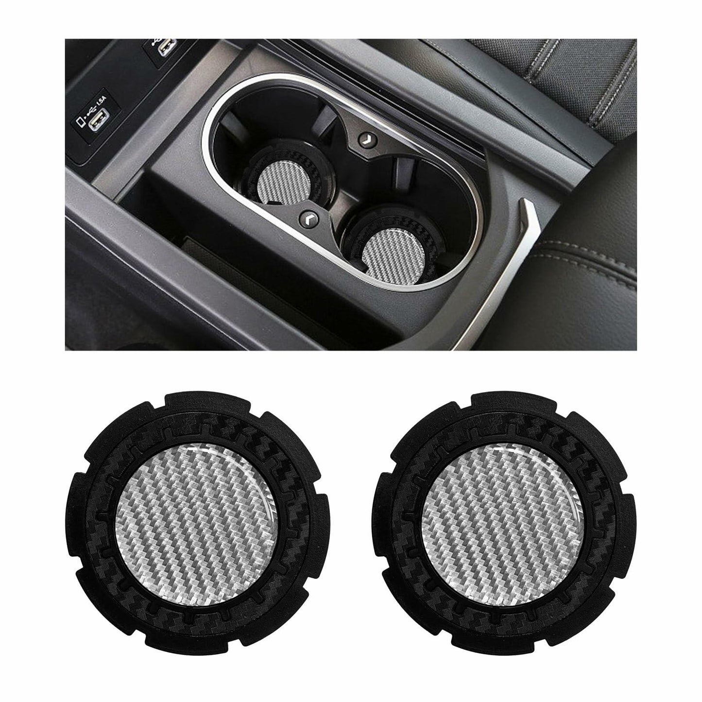 Dickno Car Cup Holder Inserts 2 Pack 2.75in Carbon Fiber Non Slip Silver