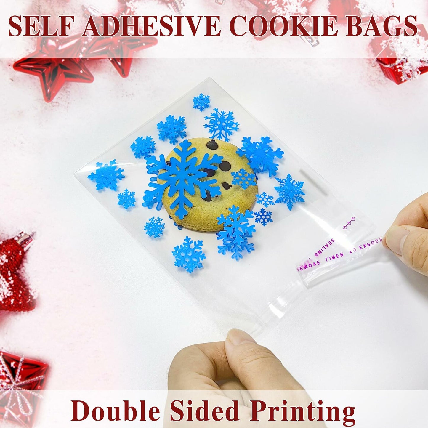 QOIUSO Christmas Cookie Bags 4x4 Inch Snowflake Design 100 Pcs Plastic