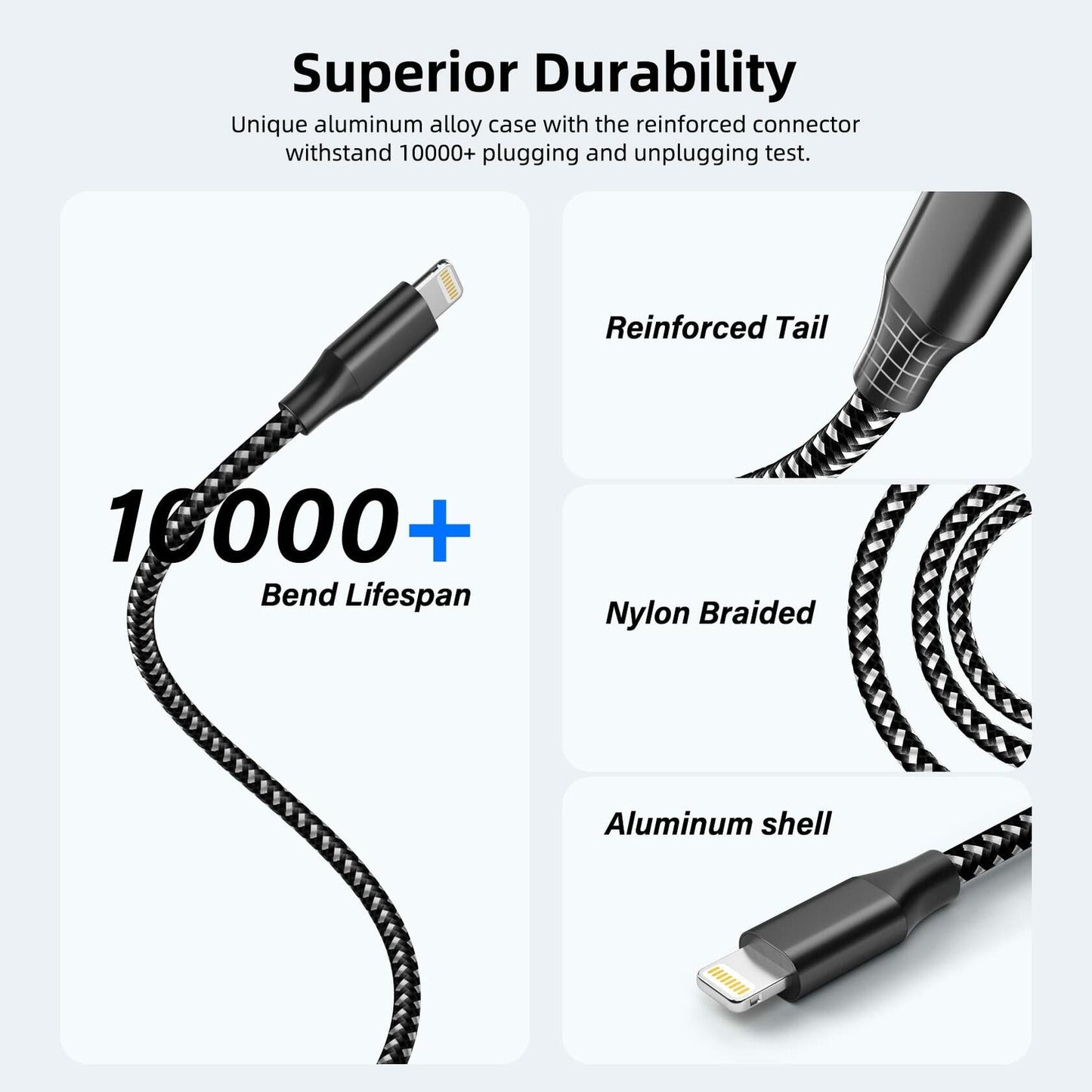MenoSupp iPhone Charger 3 Pack 10FT Nylon Braided Lightning Cable BlackWhite