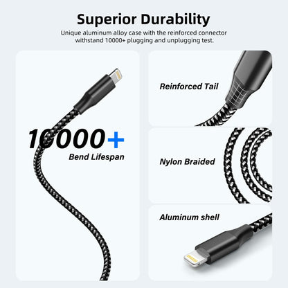 MenoSupp iPhone Charger 3 Pack 10FT Nylon Braided Lightning Cable BlackWhite