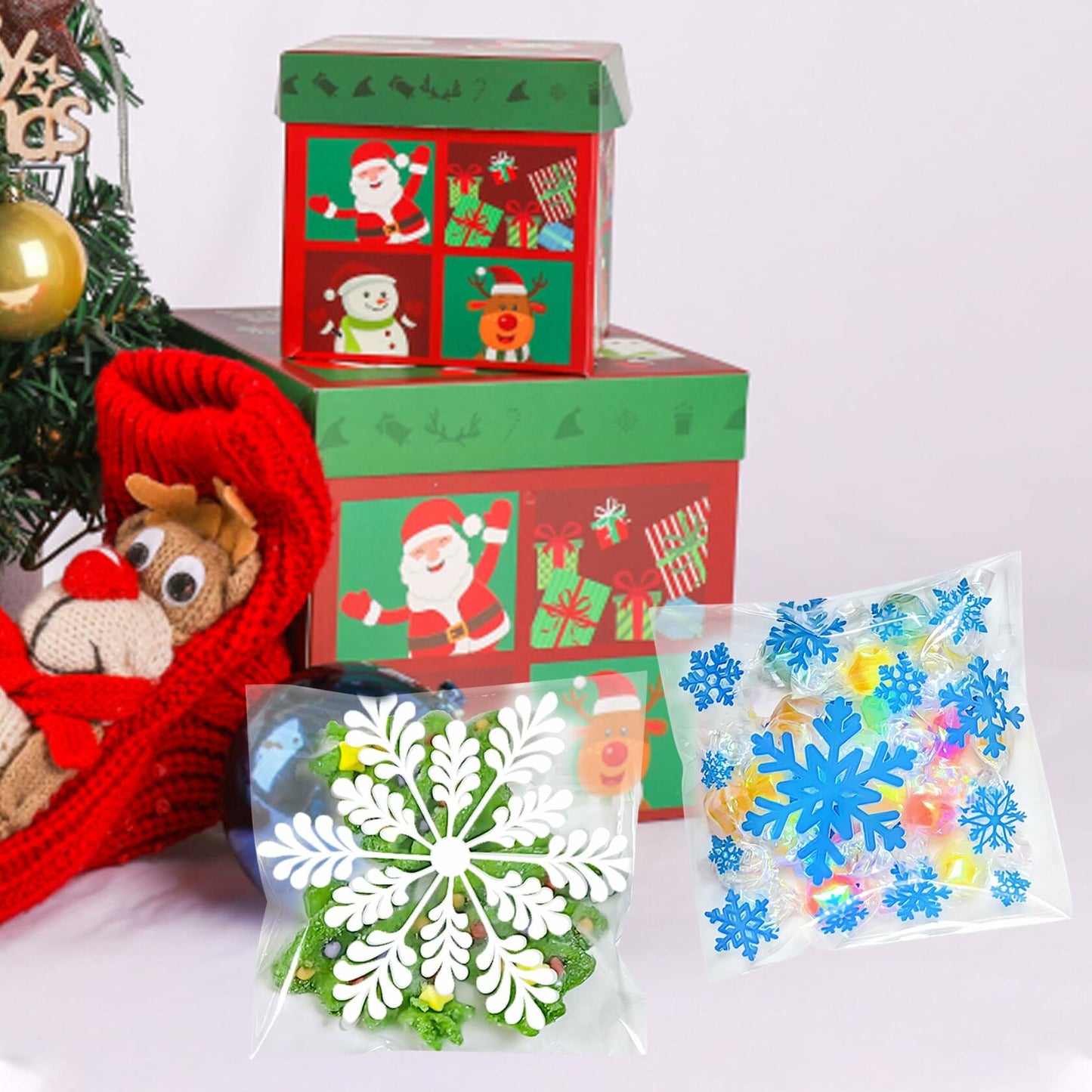 QOIUSO Christmas Cookie Bags 4x4 Inch Snowflake Design 100 Pcs Plastic