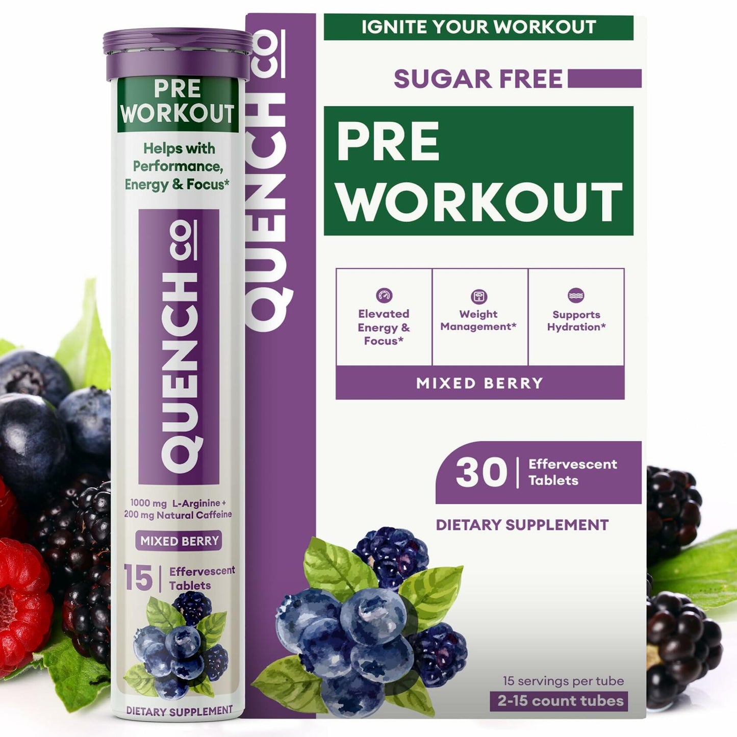 Quench Pre Workout Tablets Energy Focus Hydration Vegan 30ct EXP 04/2026