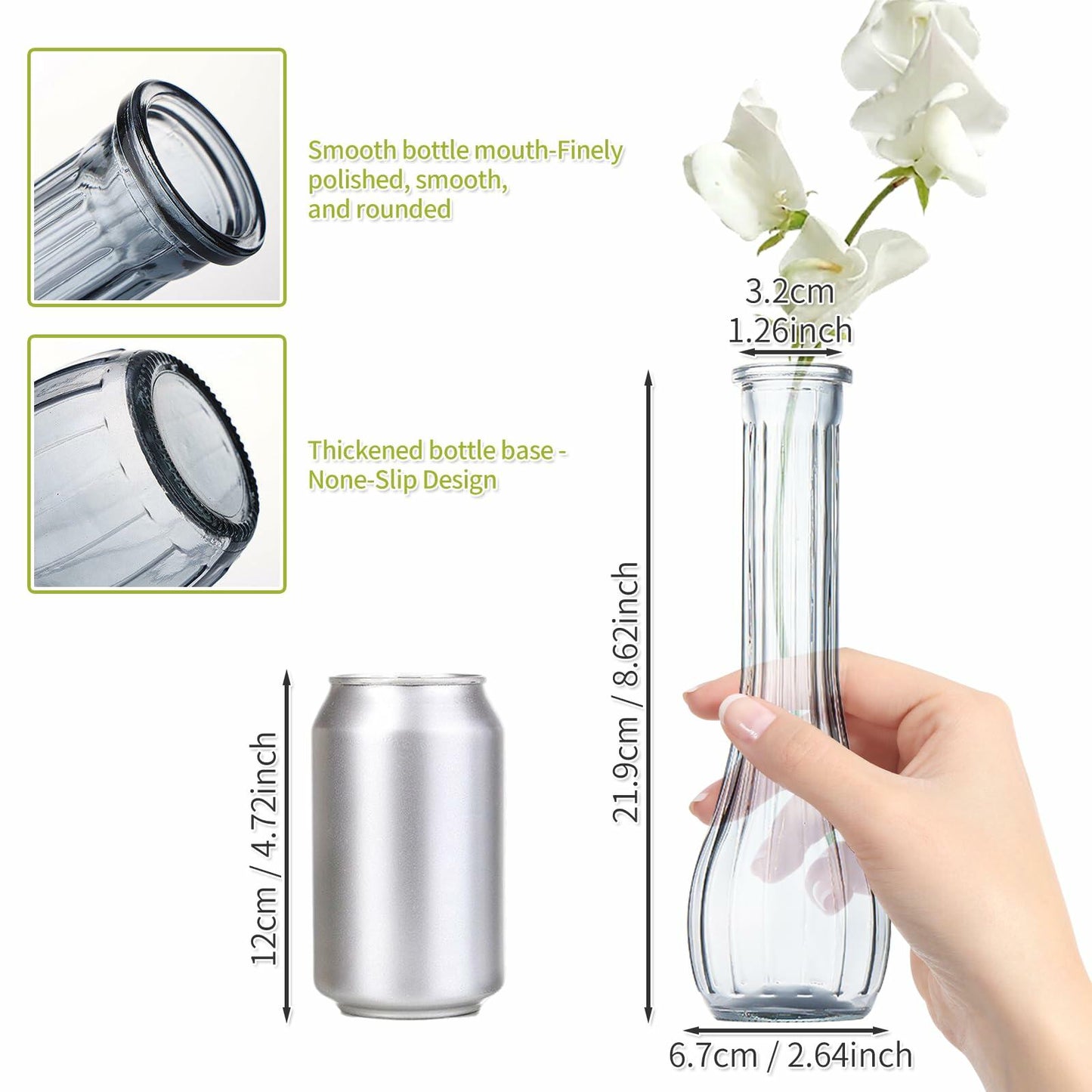 Glass Vase 8.6in Ribbed Design Wedding Centerpiece Floating Candle Gray