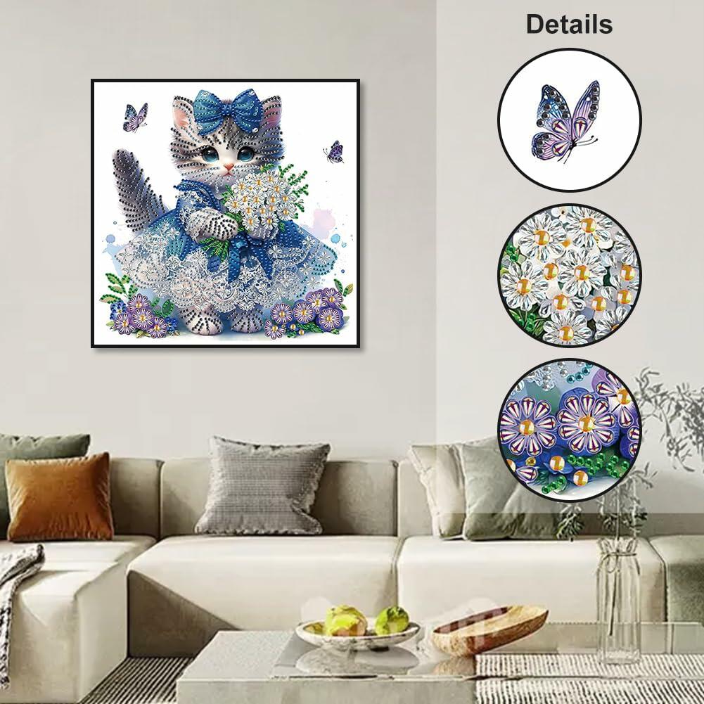 WSLWXSHM 5D Cat Diamond Art Kit 12x12in Crystal Rhinestones Animal