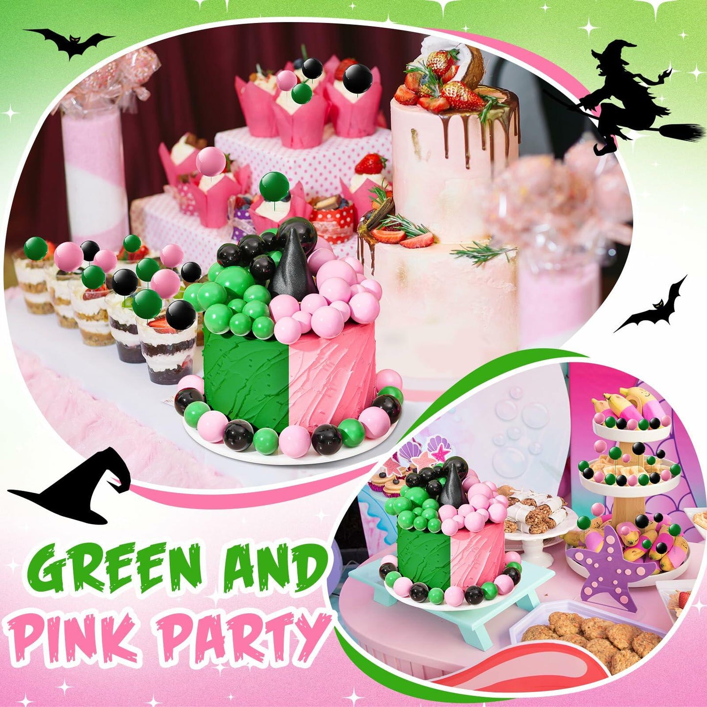 Leinuosen 97 Pcs Witch Party Supplies Pink Green Balloons Mini Toppers Black Hat