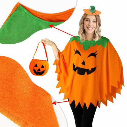 HEYFIZZ 3 PCS Pumpkin Costume Poncho Set Halloween Orange Size Adult