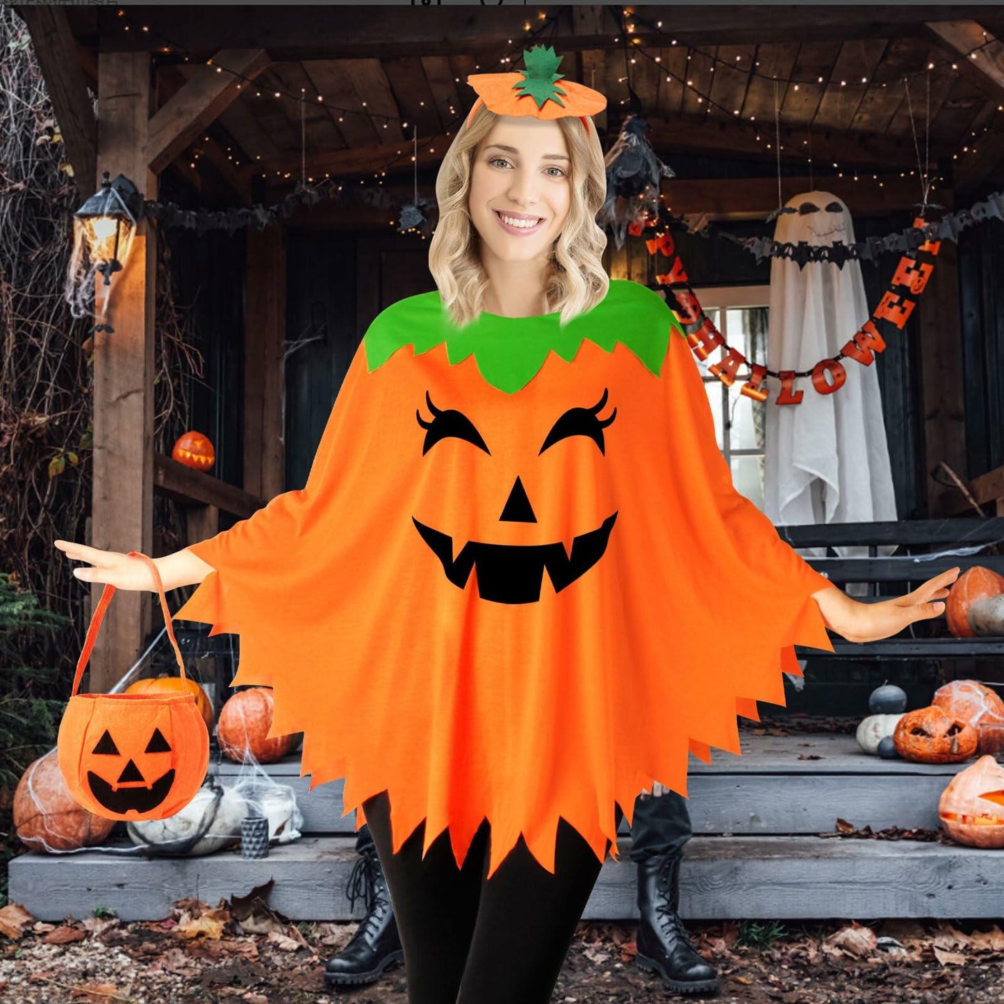 HEYFIZZ 3 PCS Pumpkin Costume Poncho Set Halloween Orange Size Adult