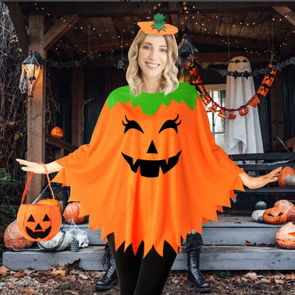HEYFIZZ 3 PCS Pumpkin Costume Poncho Set Halloween Orange Size Adult