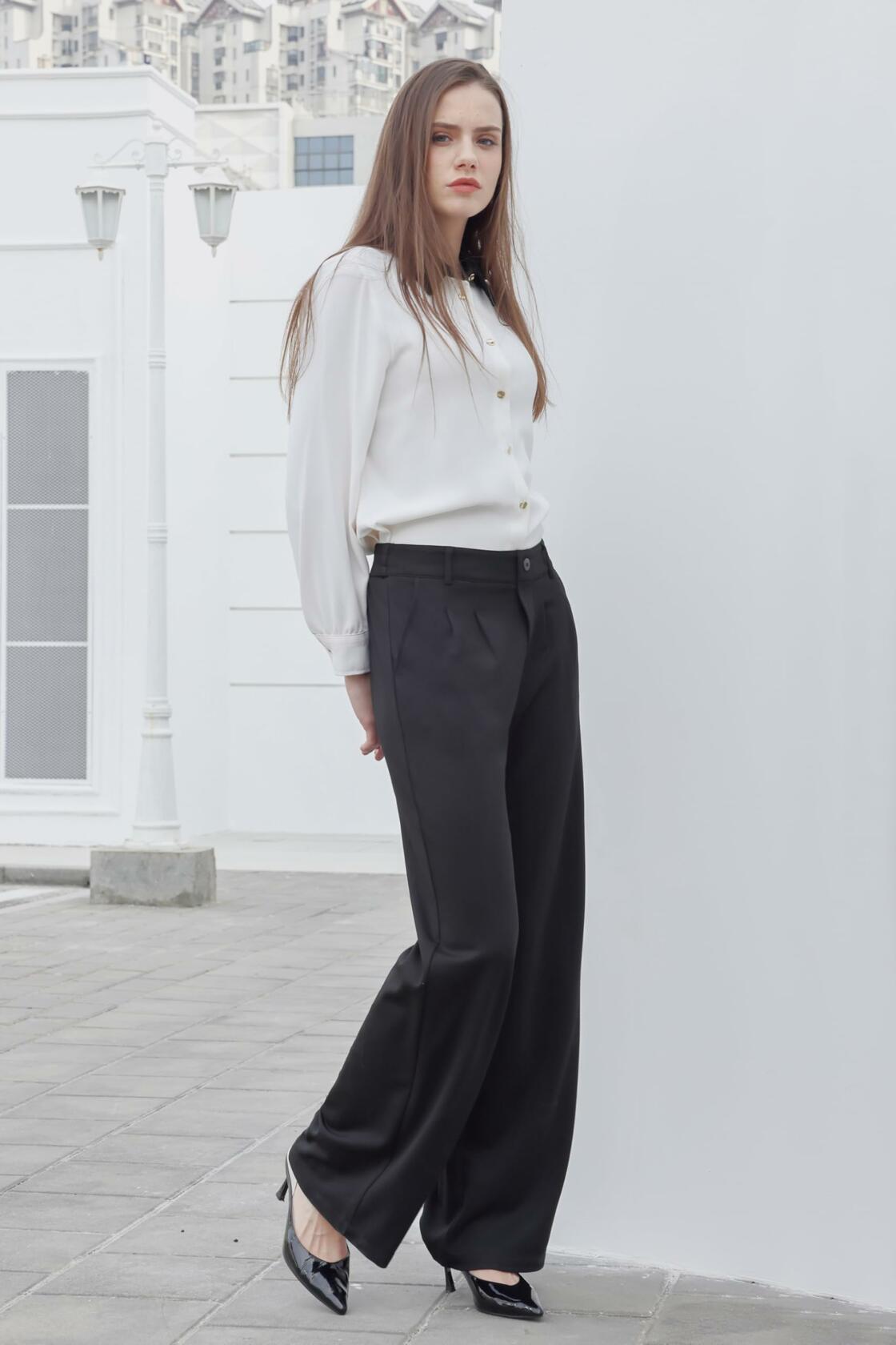 Bamans Wide Leg Dress Pants High Elastic Waist Curvy Women Black Size S