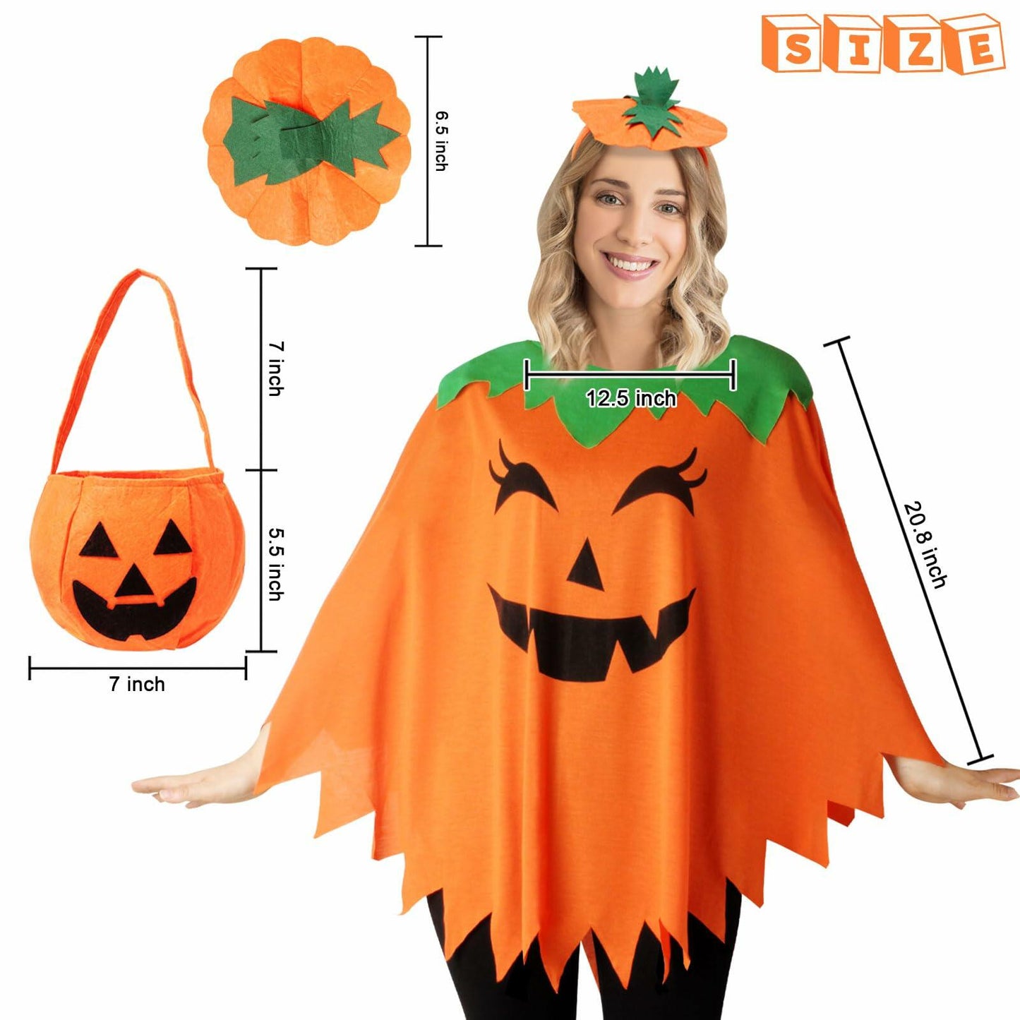 HEYFIZZ 3 PCS Pumpkin Costume Poncho Set Halloween Orange Size Adult