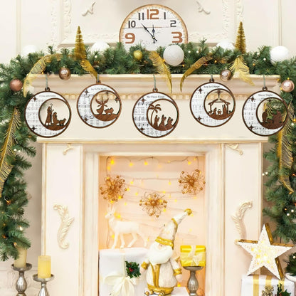 SOLMAYCO Christmas Nativity Ornaments Set of 5 Wooden Religious Decorations