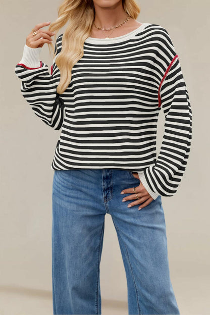 Koimcuiy Womens Striped Oversized Sweater Boat Neck Lightweight White&White XL