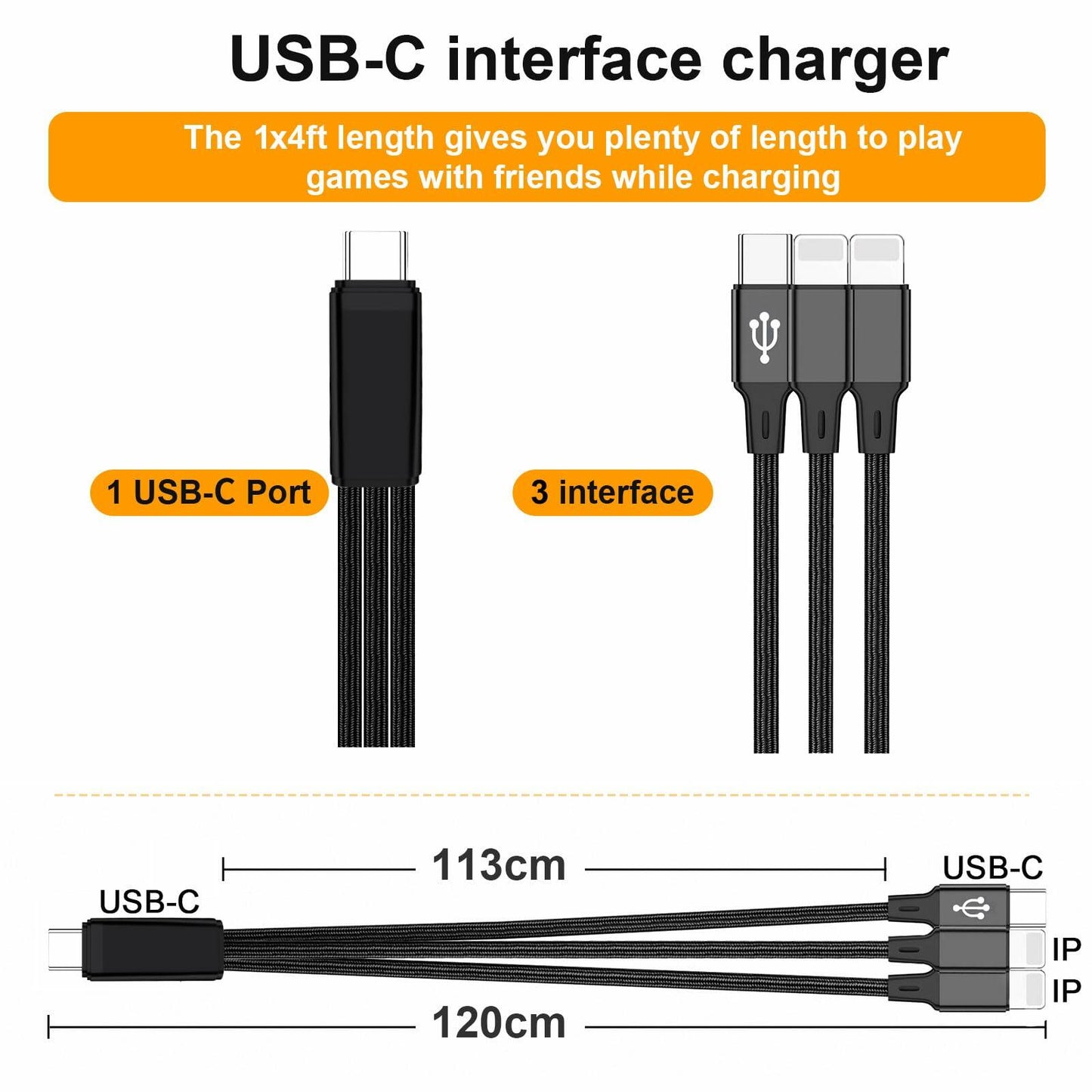 Wosixima USB-C 3-in-1 Charging Cable 4ft Black for iPhone 16/15 Pro Max Samsung