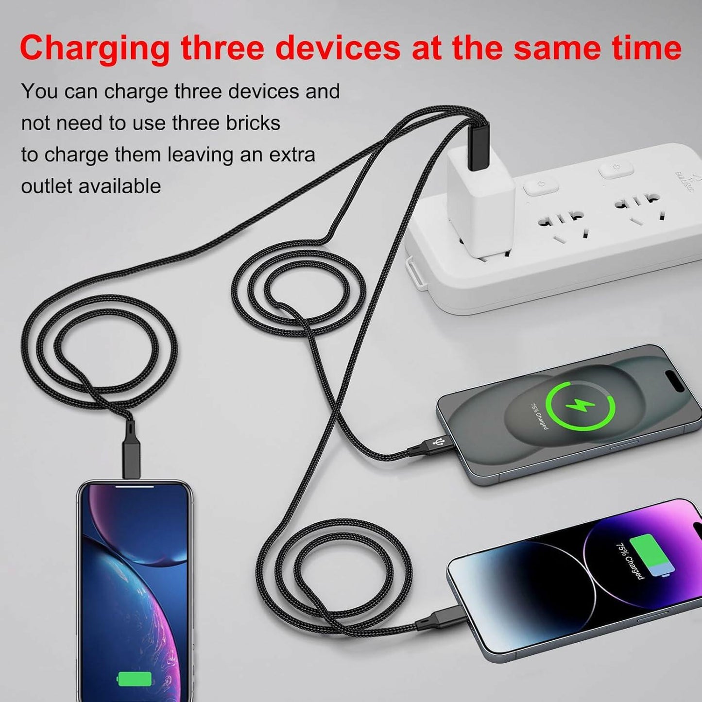 Wosixima USB-C 3-in-1 Charging Cable 4ft Black for iPhone 16/15 Pro Max Samsung