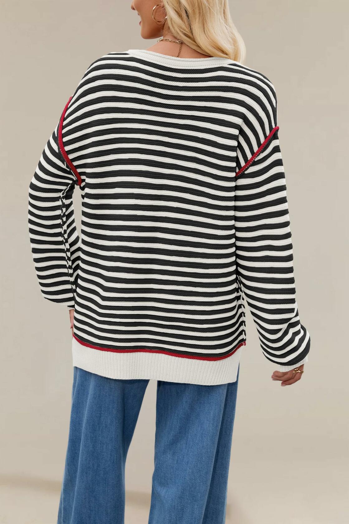 Koimcuiy Womens Striped Oversized Sweater Boat Neck Lightweight White&White XL