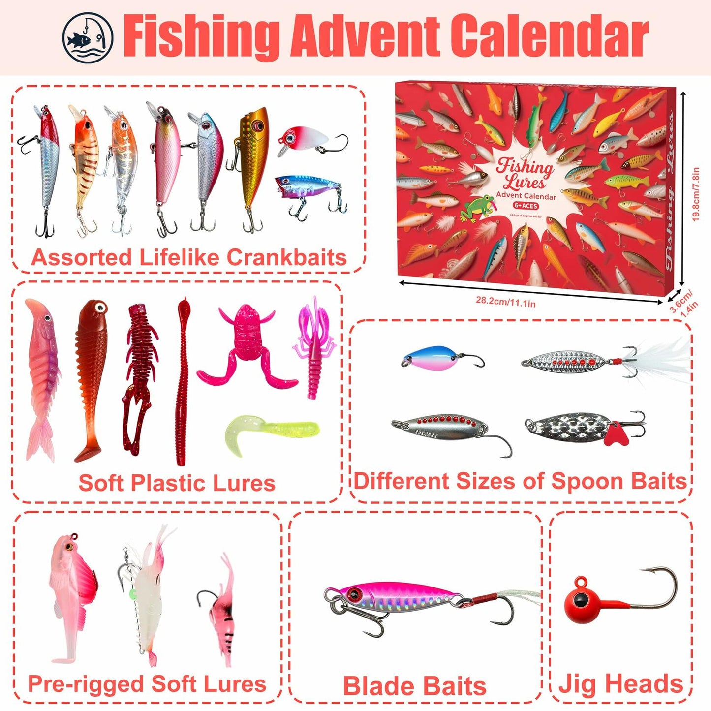 Rubypop Fishing Advent Calendar 2025 24-Day Lure Set Red Stainless Steel