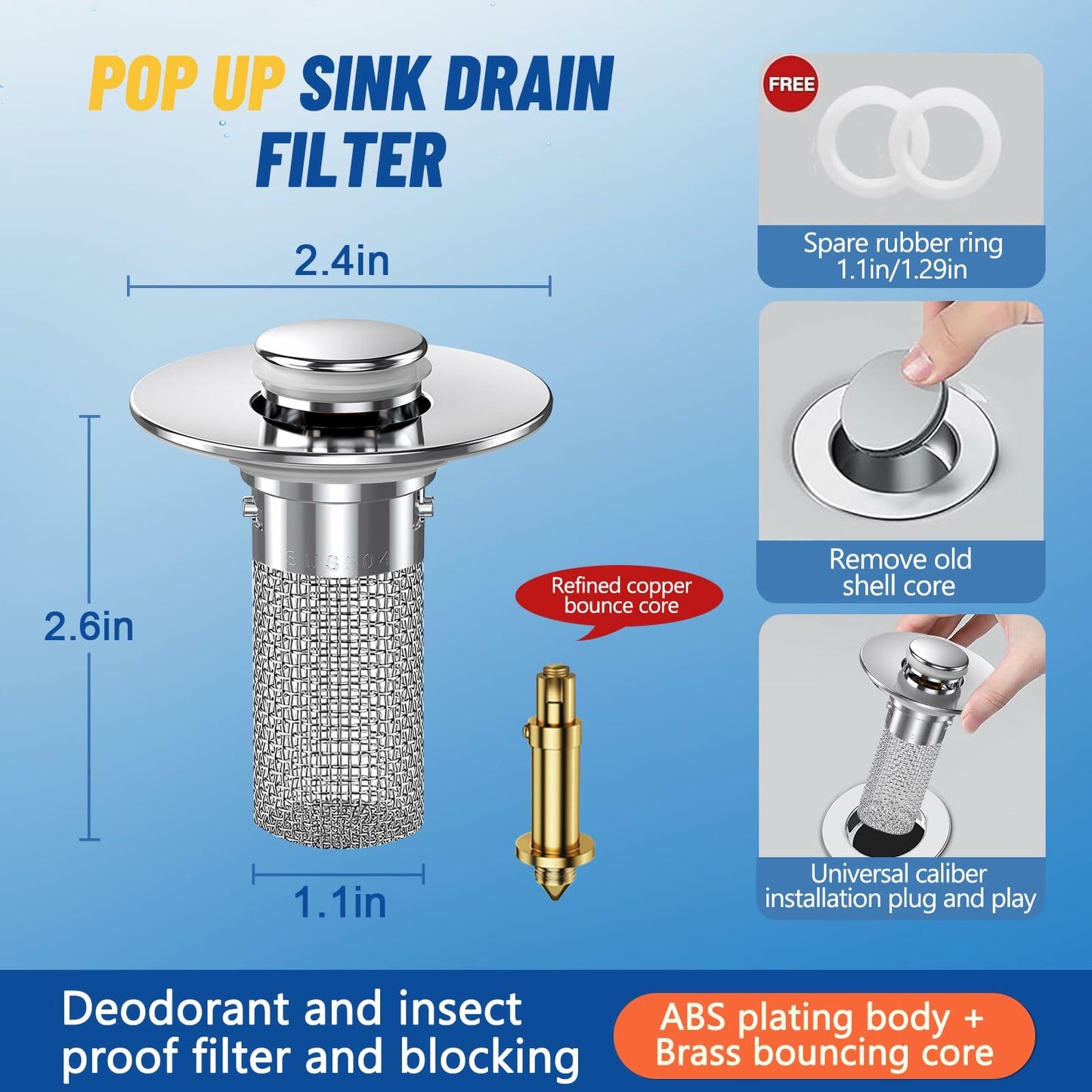 Vakabiu Bathroom Sink Drain Strainer Hair Catcher Stainless Steel 2PCS