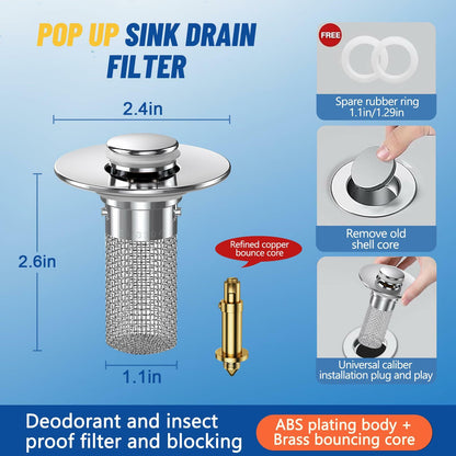 Vakabiu Bathroom Sink Drain Strainer Hair Catcher Stainless Steel 2PCS