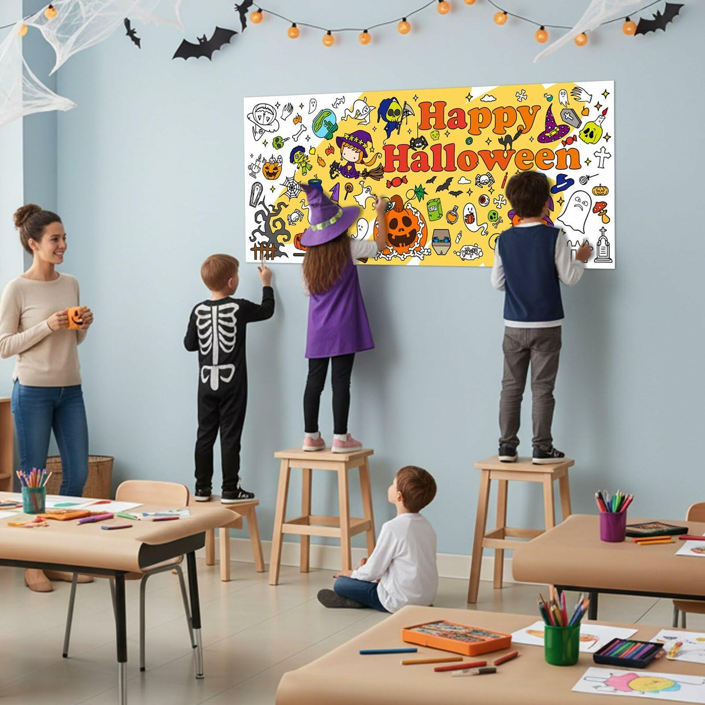 Artlunar Halloween Giant Coloring Poster Witch Ghost Bat Orange 31x72 Inch