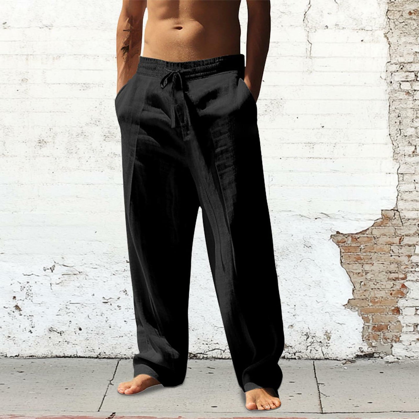 domirica Men's Casual Linen Sweatpants Drawstring Waist Black Size M