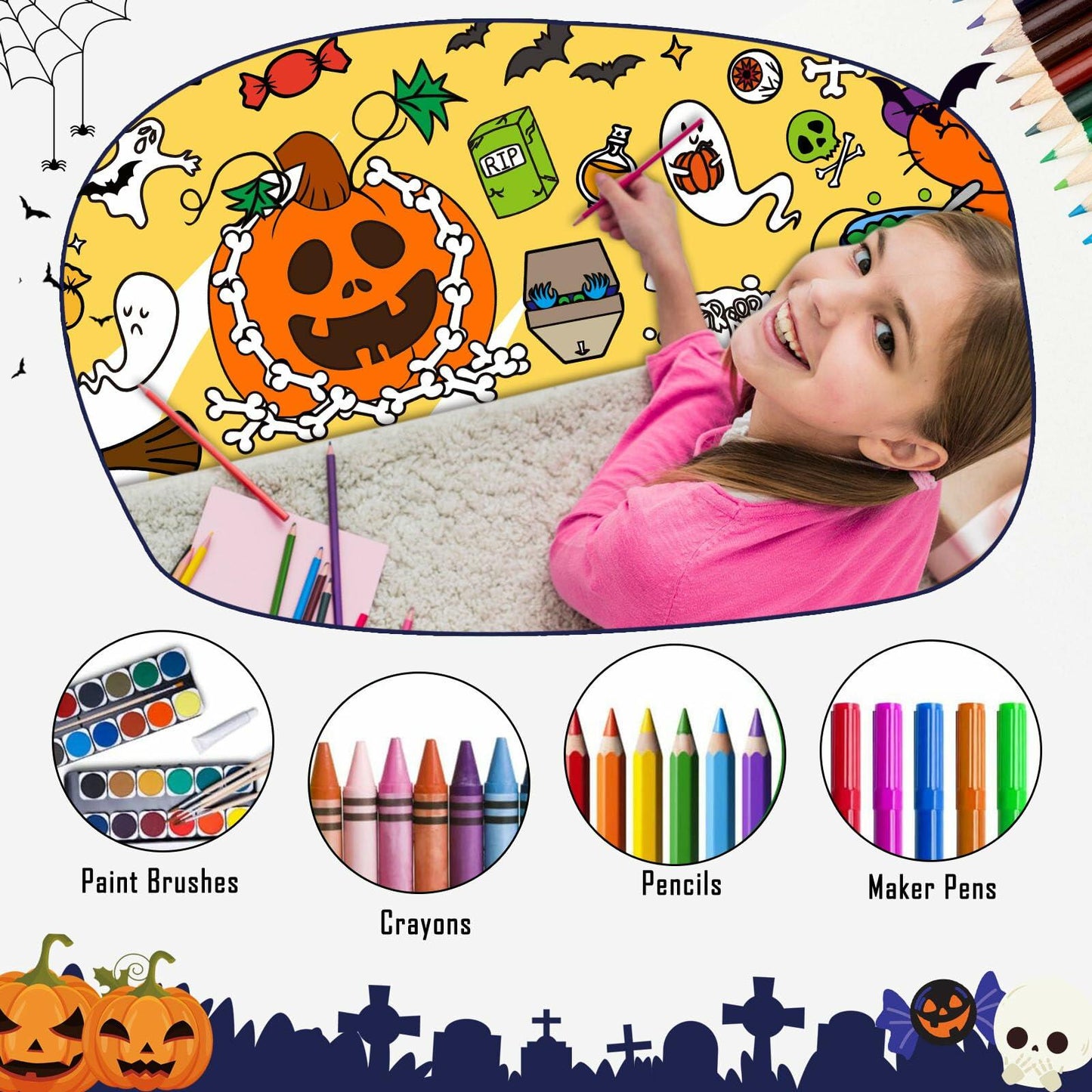 Artlunar Halloween Giant Coloring Poster Witch Ghost Bat Orange 31x72 Inch