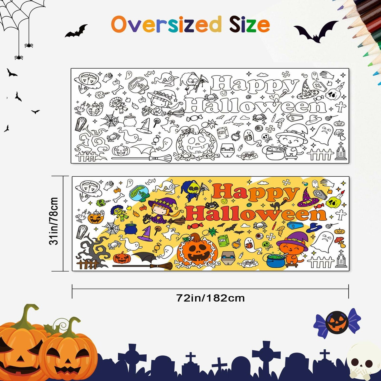 Artlunar Halloween Giant Coloring Poster Witch Ghost Bat Orange 31x72 Inch