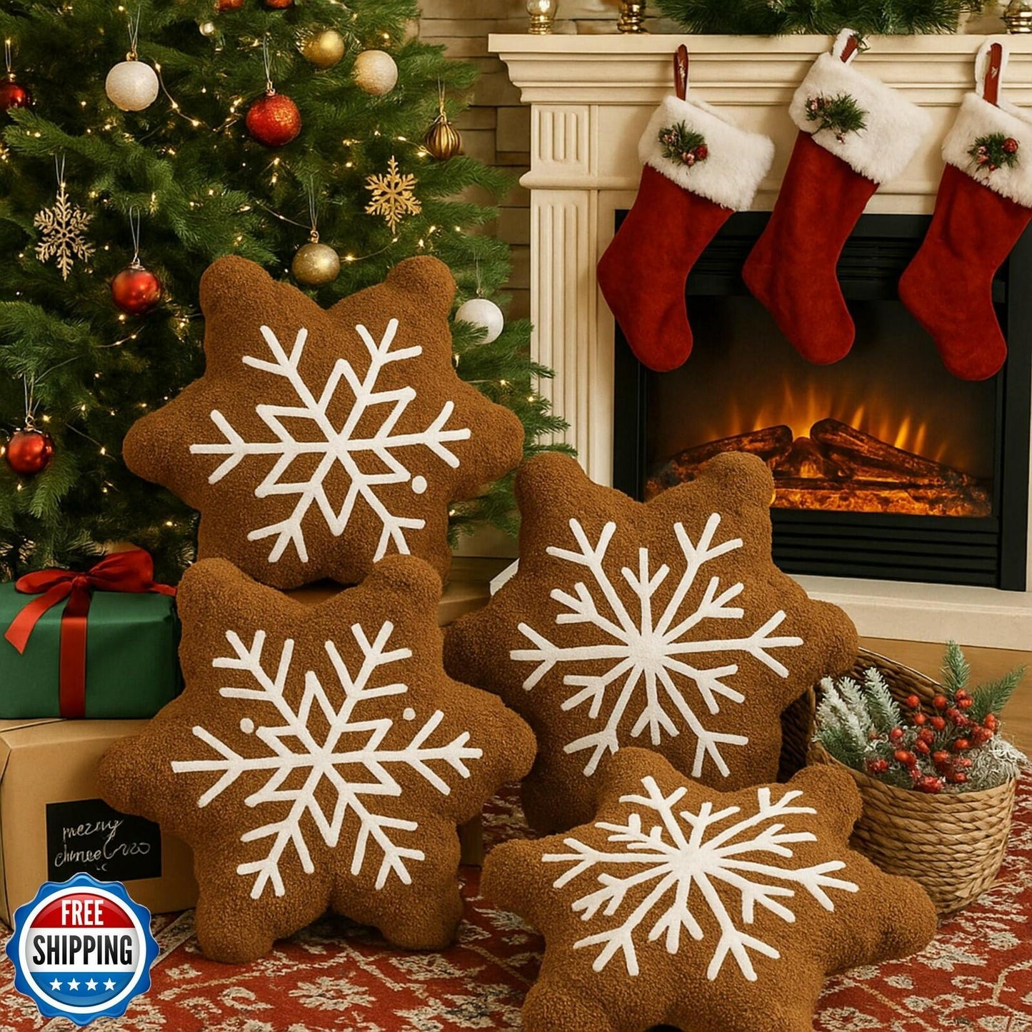 HunnmingRe 4 Pcs Christmas Snowflake Plush Throw Pillows Caramel Color