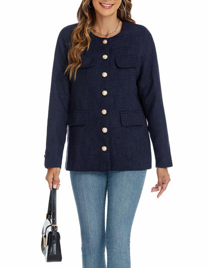 YEXPINE Women's Tweed Blazer Jacket Button Down Business Work Blue Size S