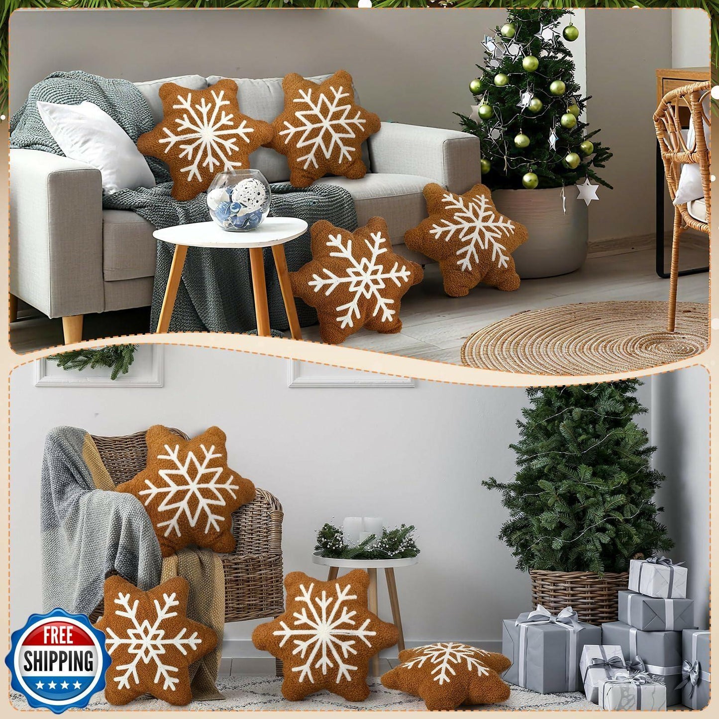 HunnmingRe 4 Pcs Christmas Snowflake Plush Throw Pillows Caramel Color