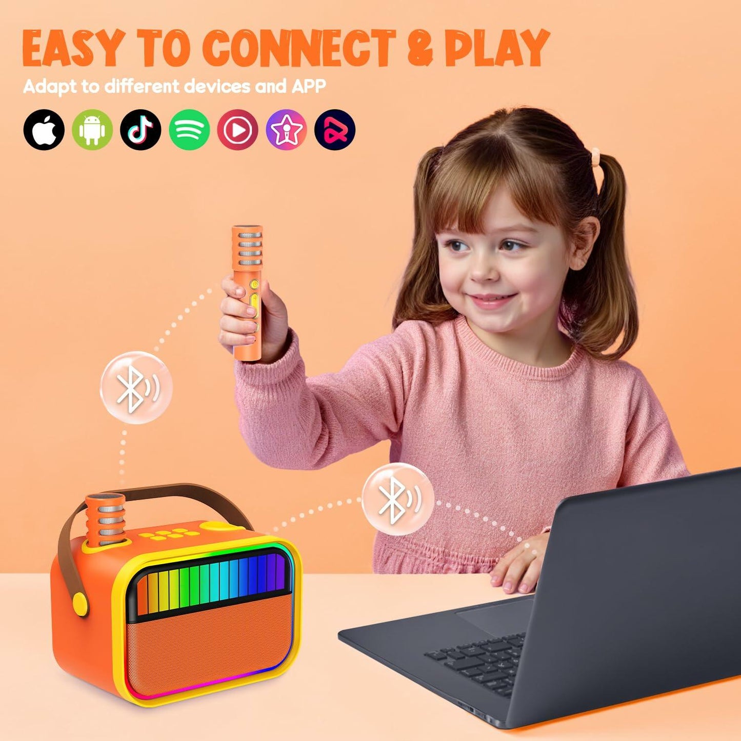 VERKB Karaoke Machine for Kids Portable Bluetooth Speaker 2 Mics Orange