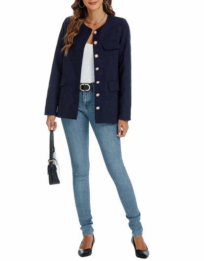 YEXPINE Women's Tweed Blazer Jacket Button Down Business Work Blue Size S